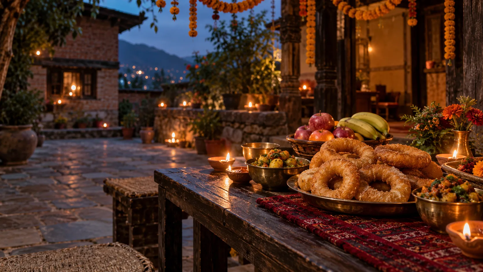 A welcoming courtyard table with sel roti, marigolds, and glowing lamps
